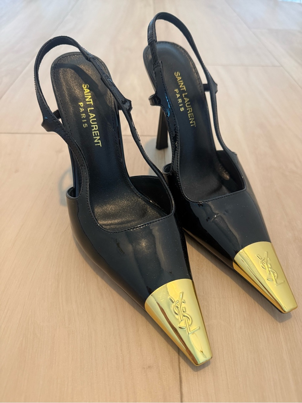 Saint Laurent Black Patent Leather Slingback Pumps with Gold Cap-Toe Logo